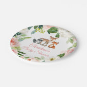 Waldtiere & Blush Pink Blume Kinderdusche Pappteller (Schrägansicht)