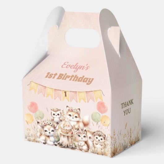 Waldtiere Boho Girl 1. Geburtstag Geschenkschachtel (Rückseite)