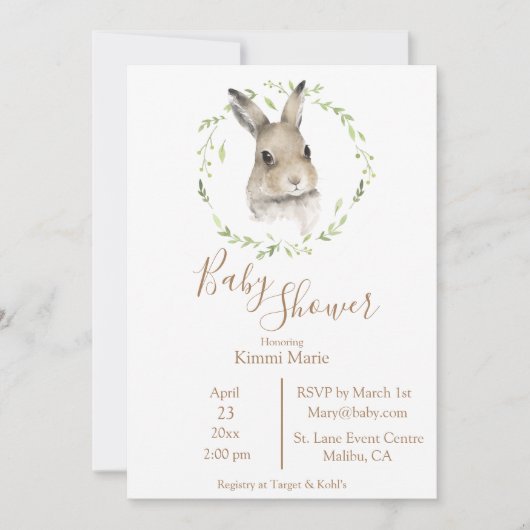 Waldtiere Bunny Rabbit Script Watercolor Baby Einladung (Vorderseite)
