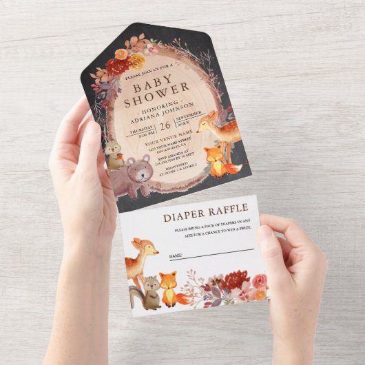 Waldtiere Chalkboard Babydusche All In One Einladung (Abreißen)