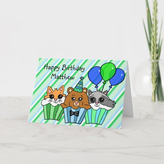Waldtiere Cupcakes, Fox, Raccoon und Bär Karte (Vorderseite)