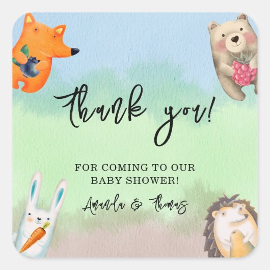 Waldtiere - Danke, Baby Dusche Quadratischer Aufkleber (Vorderseite)