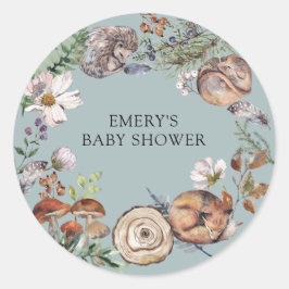 Waldtiere Dusty Blue Baby Shower Runder Aufkleber