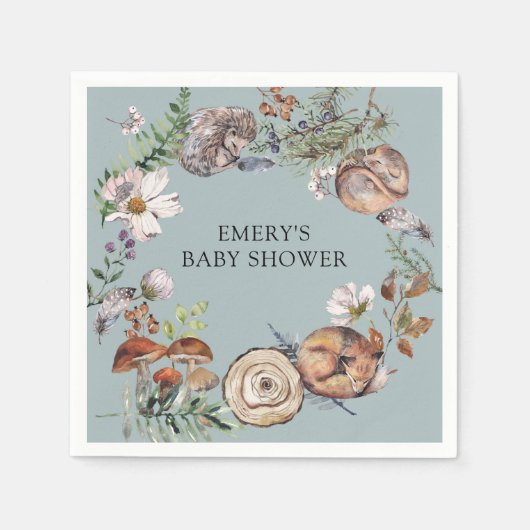 Waldtiere Dusty Blue Babyparty Serviette (Vorderseite)