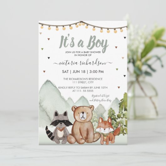 Waldtiere - ein Junge Rustikal Einladung (Stehend Vorderseite)