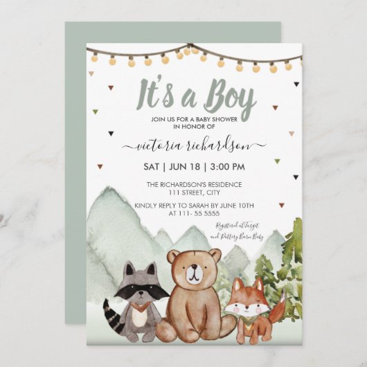 Waldtiere - ein Junge Rustikal Einladung (Vorne/Hinten)