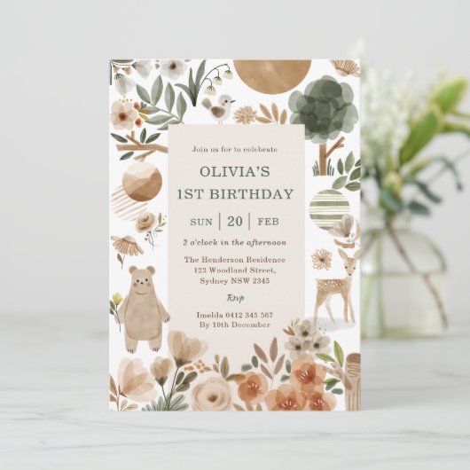 Waldtiere Einladung zum 1. Geburtstag (Stehend Vorderseite)