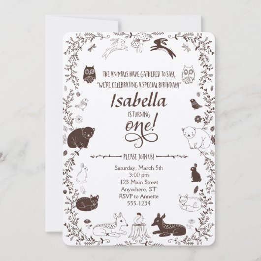 Waldtiere Einladung zum 1. Geburtstag (Vorderseite)