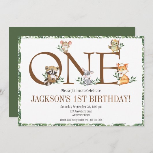 Waldtiere Erste Geburtstagsgrün Einladung (Vorne/Hinten)