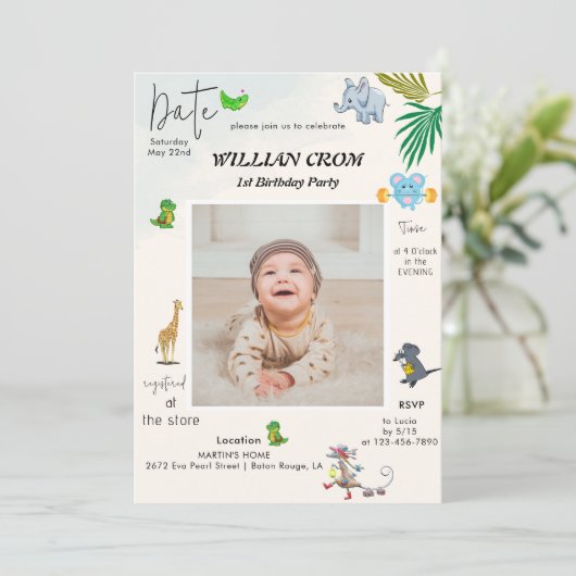 Waldtiere erstes Jahr Geburtstag Einladung (Stehend Vorderseite)