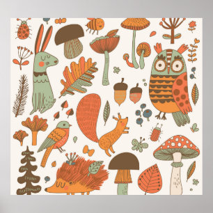 Waldtiere: farbenfroher Hintergrund des Herbstes. Poster