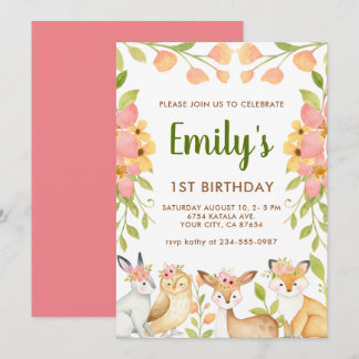 Waldtiere Floral 1. Geburtstag Party Einladung