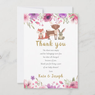 Waldtiere Florales Baby-Shower-Dankeschön-Gedicht Dankeskarte