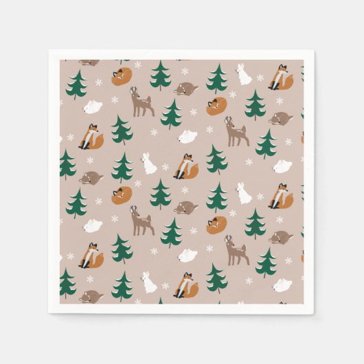 Waldtiere Fox Deer Rabbit Schneeflocken Bäume Serviette (Vorderseite)