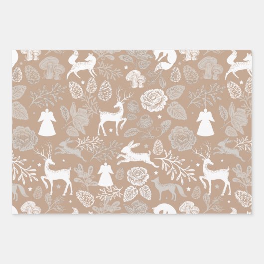 Waldtiere Fox, Hirsch, Kaninchen und Blumen Geschenkpapier Set (Vorderseite)