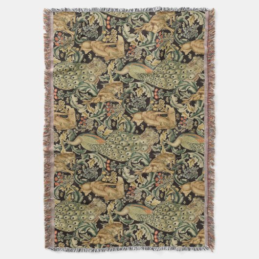 WALDTIERE, FOX, PEACOCK, HARE IN GRÜNEN BLUMEN DECKE (Vorderseite Vertikal)