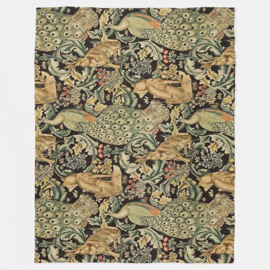 WALDTIERE, FOX, PEACOCK, HARE IN GRÜNEN BLUMEN FLEECEDECKE (Vorderseite)