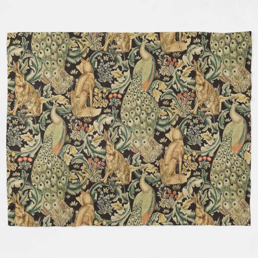 WALDTIERE, FOX, PEACOCK, HARE IN GRÜNEN BLUMEN FLEECEDECKE (Vorderseite (Horizontal))