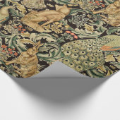 WALDTIERE, FOX, PEACOCK, HARE IN GRÜNEN BLUMEN GESCHENKPAPIER (Ecke)