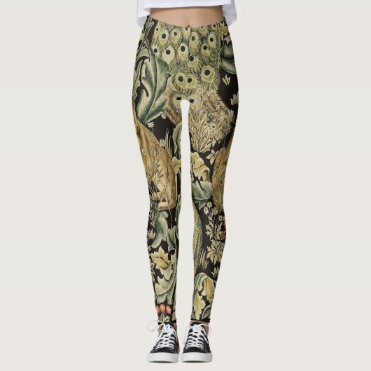 WALDTIERE, FOX, PEACOCK, HARE IN GRÜNEN BLUMEN LEGGINGS (Vorderseite)