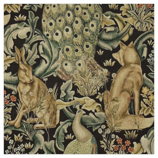 WALDTIERE, FOX, PEACOCK, HARE IN GRÜNEN BLUMEN STOFF (Muster)
