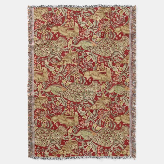 WALDTIERE, FOX, PEACOCK, HARE IN ROTEN BLUMEN DECKE (Vorderseite Vertikal)