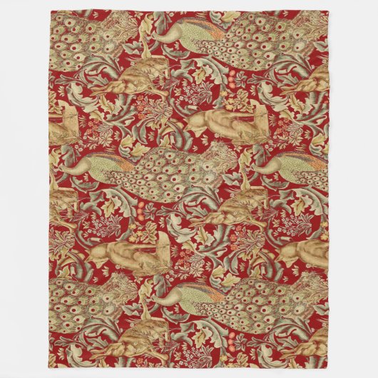 WALDTIERE, FOX, PEACOCK, HARE IN ROTEN BLUMEN FLEECEDECKE (Vorderseite)