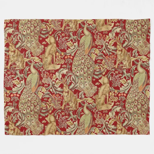 WALDTIERE, FOX, PEACOCK, HARE IN ROTEN BLUMEN FLEECEDECKE (Vorderseite (Horizontal))