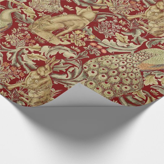 WALDTIERE, FOX, PEACOCK, HARE IN ROTEN BLUMEN GESCHENKPAPIER (Ecke)