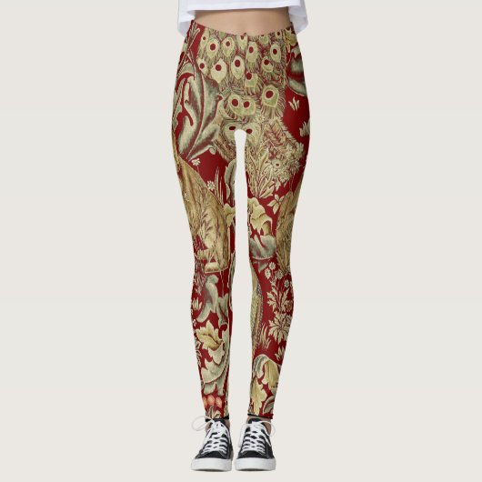 WALDTIERE, FOX, PEACOCK, HARE IN ROTEN BLUMEN LEGGINGS (Vorderseite)