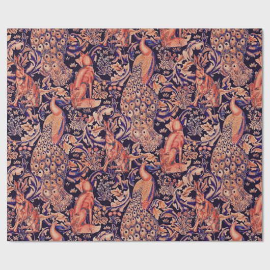 WALDTIERE, FOX, PEACOCK, HARE, PINK BLUE FLORAL GESCHENKPAPIER (Flach)