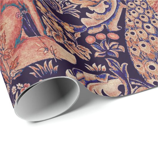 WALDTIERE, FOX, PEACOCK, HARE, PINK BLUE FLORAL GESCHENKPAPIER (Rolleneckpunkt)