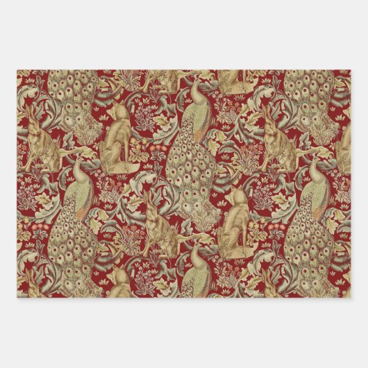 WALDTIERE, FOX, PEACOCK, HARE, ROTE GELBE BLUME GESCHENKPAPIER SET (Vorderseite 3)