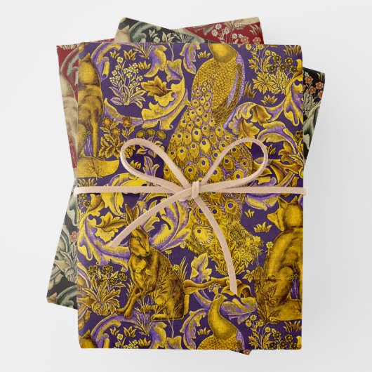 WALDTIERE, FOX, PEACOCK, HARE, ROTE GELBE BLUME GESCHENKPAPIER SET (Beispiel)