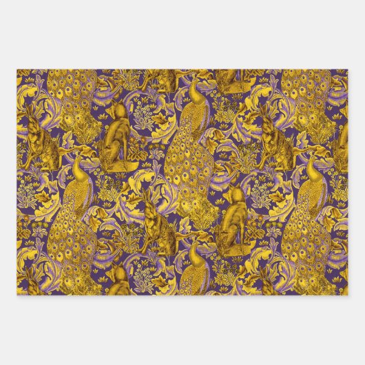 WALDTIERE, FOX, PEACOCK, HARE, ROTE GELBE BLUME GESCHENKPAPIER SET (Vorderseite)