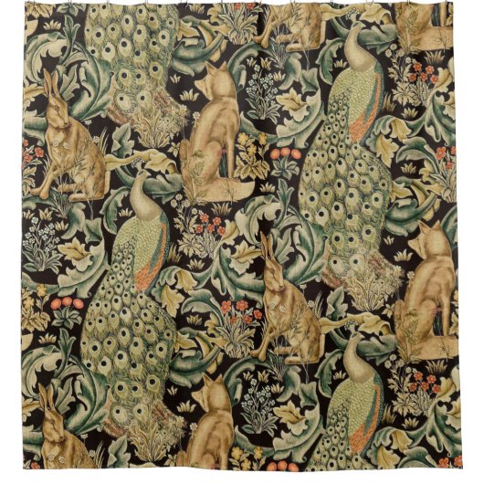 WALDTIERE Fox, Pfau, Hasen in grüner Blüte Duschvorhang (Vorderseite)
