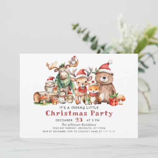 Waldtiere frohe kleine Weihnachtsfeier Party Einladung (Stehend Vorderseite)