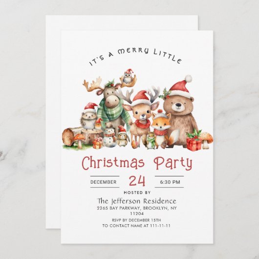 Waldtiere frohe kleine Weihnachtsfeier Party Einladung (Vorne/Hinten)