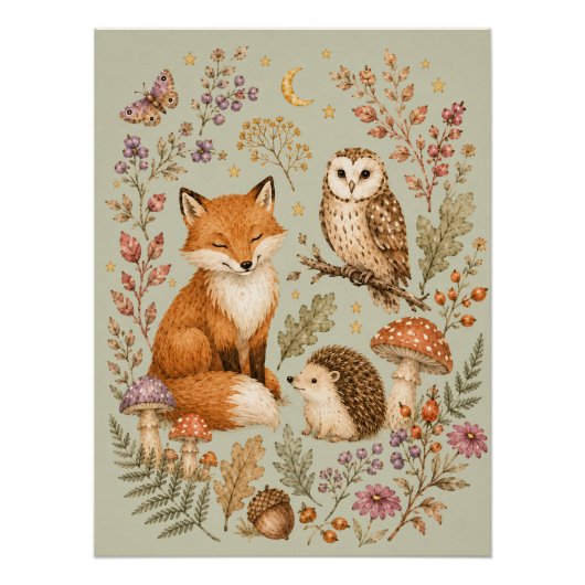 Waldtiere Fuchs, Eule und Igel Poster (Vorderseite)