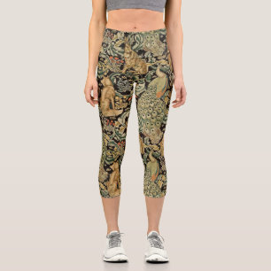 WALDTIERE, FUCHS, PFau, HASE IN GRÜNEM BLUMENMUSTE Capri Leggings