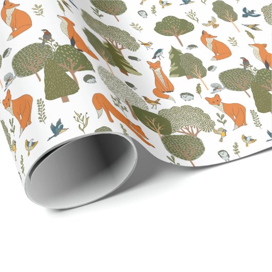 Waldtiere: Füchse, Vogelmuster Geschenkpapier (Rolleneckpunkt)
