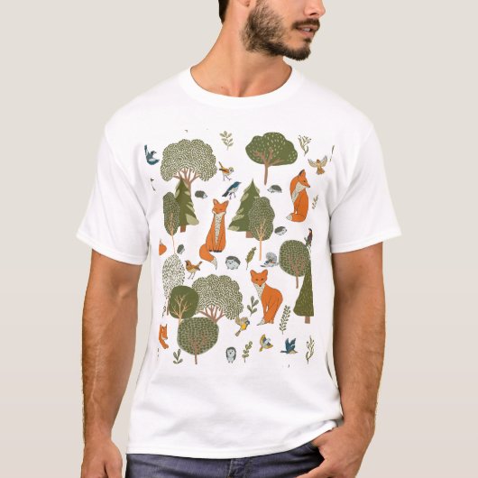 Waldtiere: Füchse, Vogelmuster T-Shirt (Vorderseite)