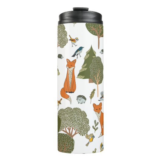 Waldtiere: Füchse, Vogelmuster Thermosbecher (Vorderseite)