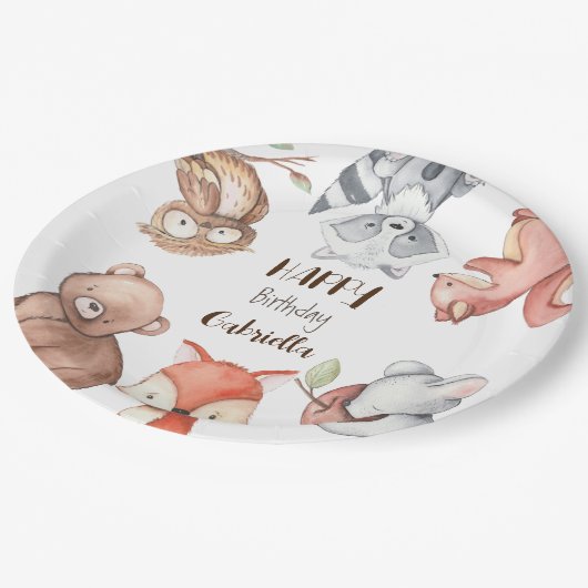 Waldtiere Geburtstag personalisiert Pappteller (Schrägansicht)