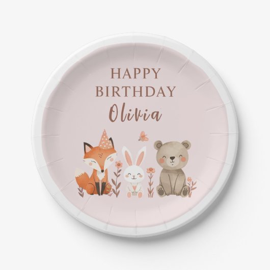 Waldtiere Geburtstag rosa Pappteller (Vorderseite)