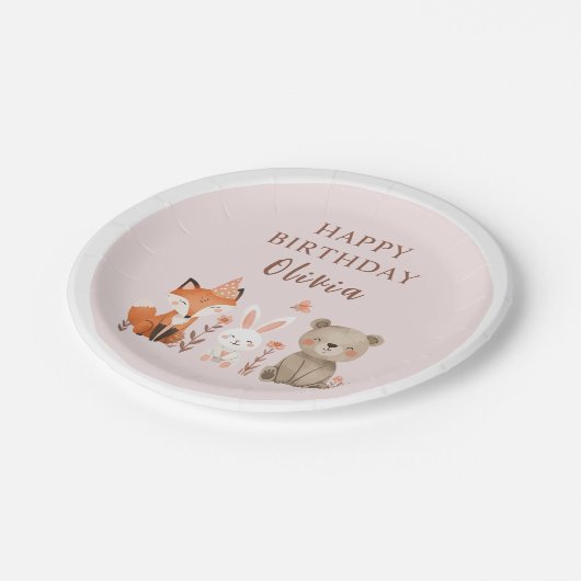 Waldtiere Geburtstag rosa Pappteller (Schrägansicht)