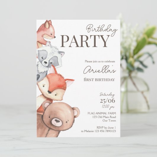Waldtiere Geburtstagsfeier Einladung (Stehend Vorderseite)