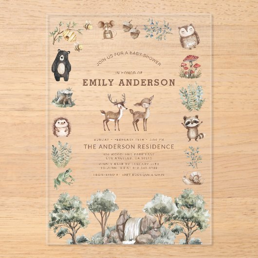 Waldtiere Geschlecht neutrale Babydusche Acryleinladungen (Vorderseite)