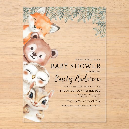 Waldtiere Geschlechtsneutrale Babydusche Acryleinladungen (Vorderseite)