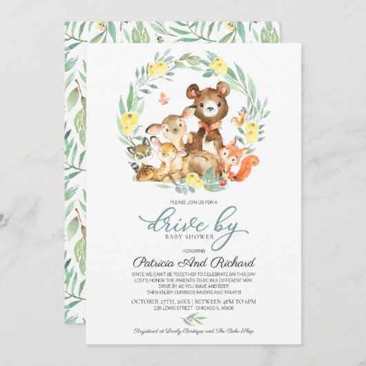 Waldtiere Grünantrieb mit Babydusche Einladung (Vorne/Hinten)